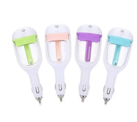 Portable mini car humidifier and essential oil diffuser with rotating nozzle in multiple colours.