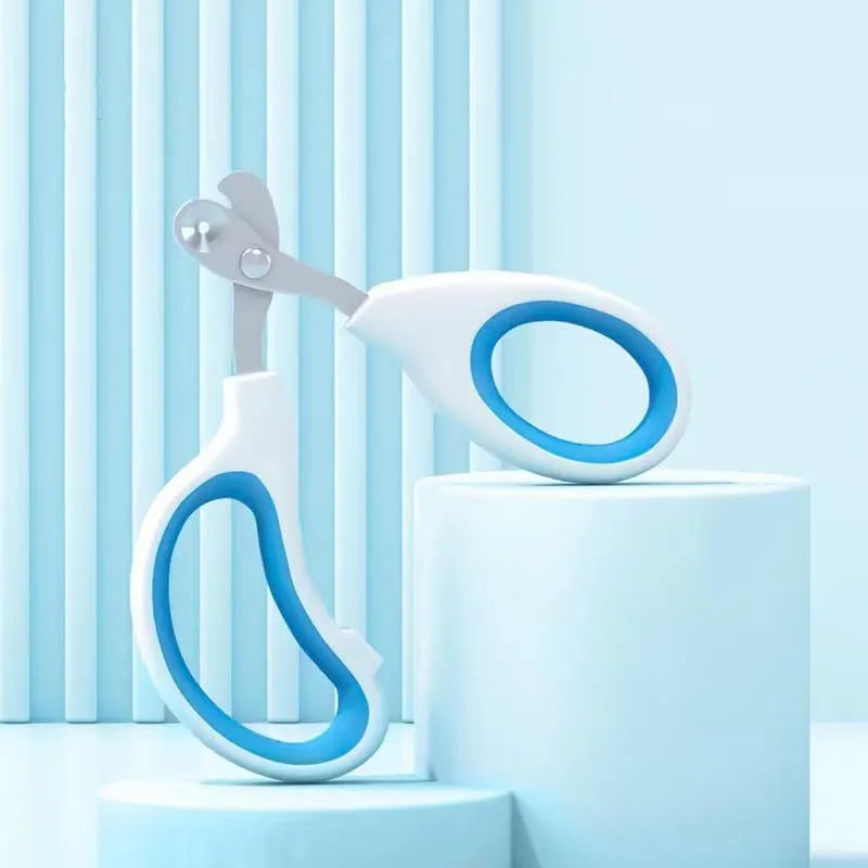 Blue pet nail clippers with a circular hole for safe trimming of cat, bird, and reptile nails.