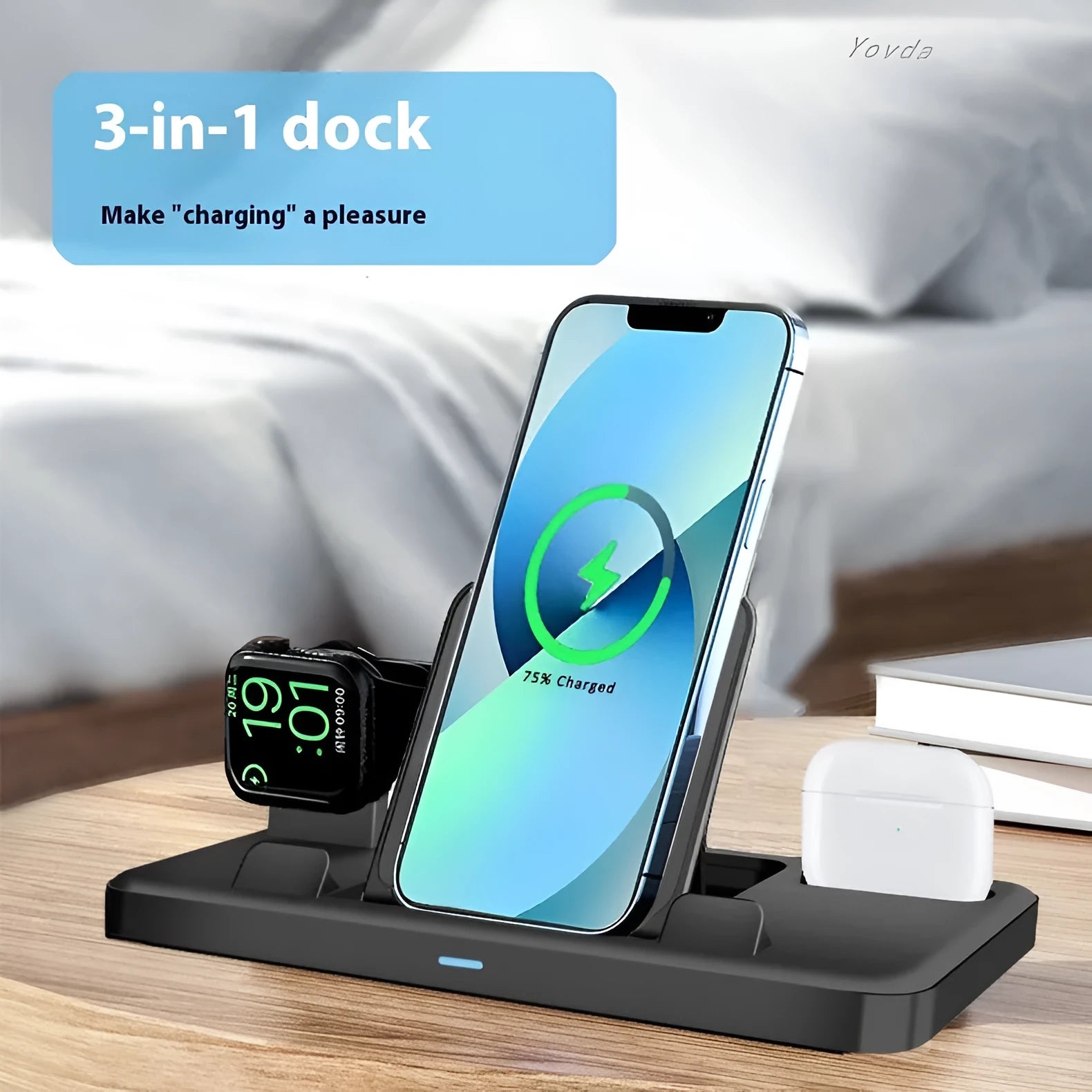 Three-in-one charging base for mobile phone and tablet, black ABS, with devices placed in the stand