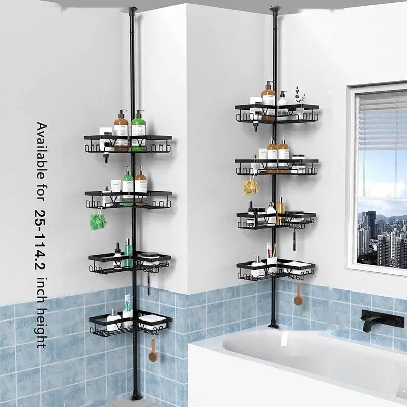 Hole-free bathroom storage rack with 4 adjustable layers in stainless steel and iron construction