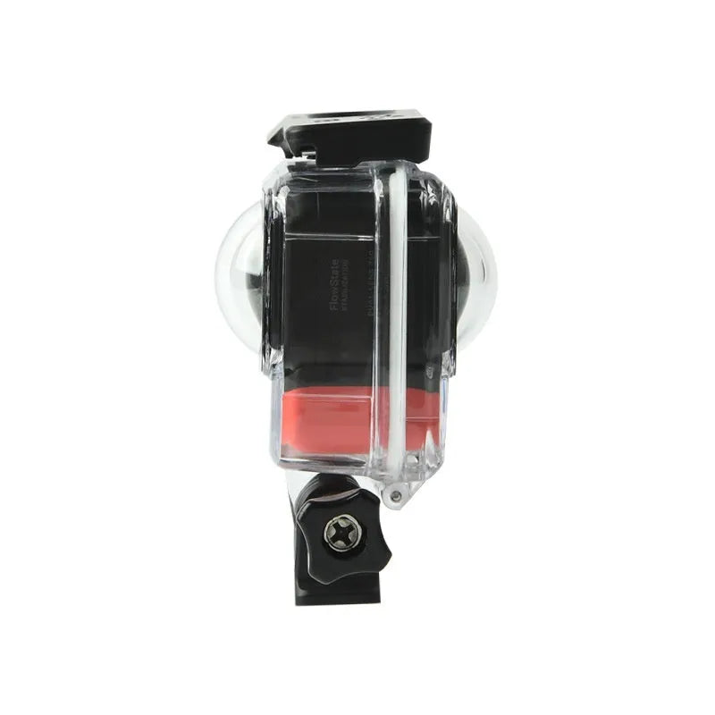 Transparent Insta360 One RS waterproof housing with dimensions 9x8x4.5cm