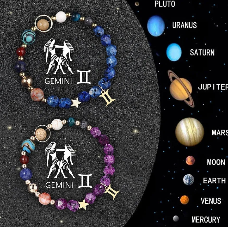 Set of two natural stone beaded bracelets featuring zodiac sign designs
