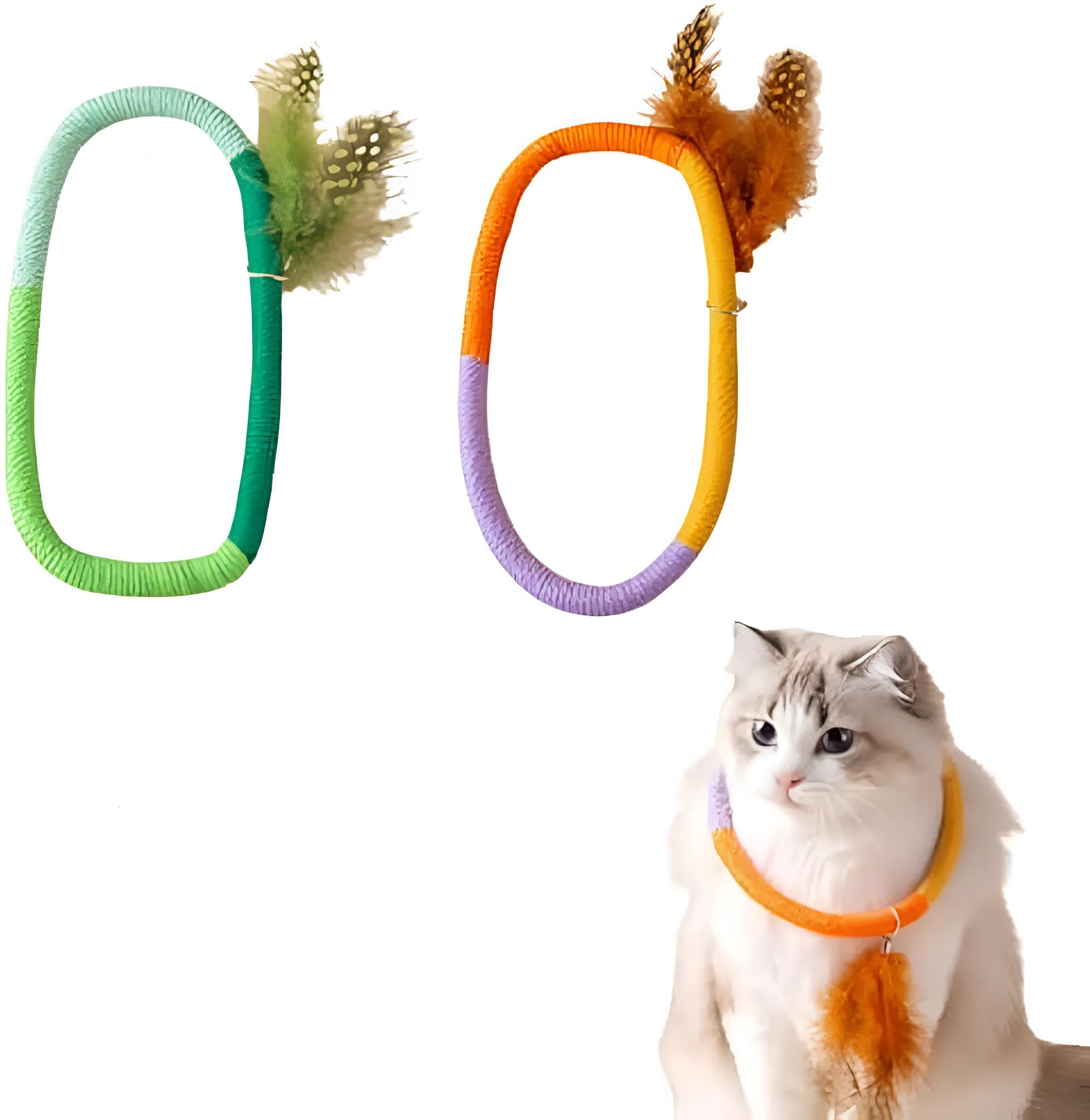Green circular cotton rope cat toy with feathers and catnip for interactive feline play