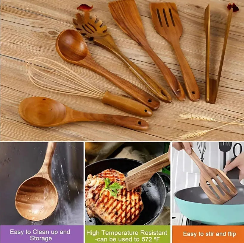 Seven-piece wooden cooking utensil set including spoon and slotted spoon for non-stick pans.