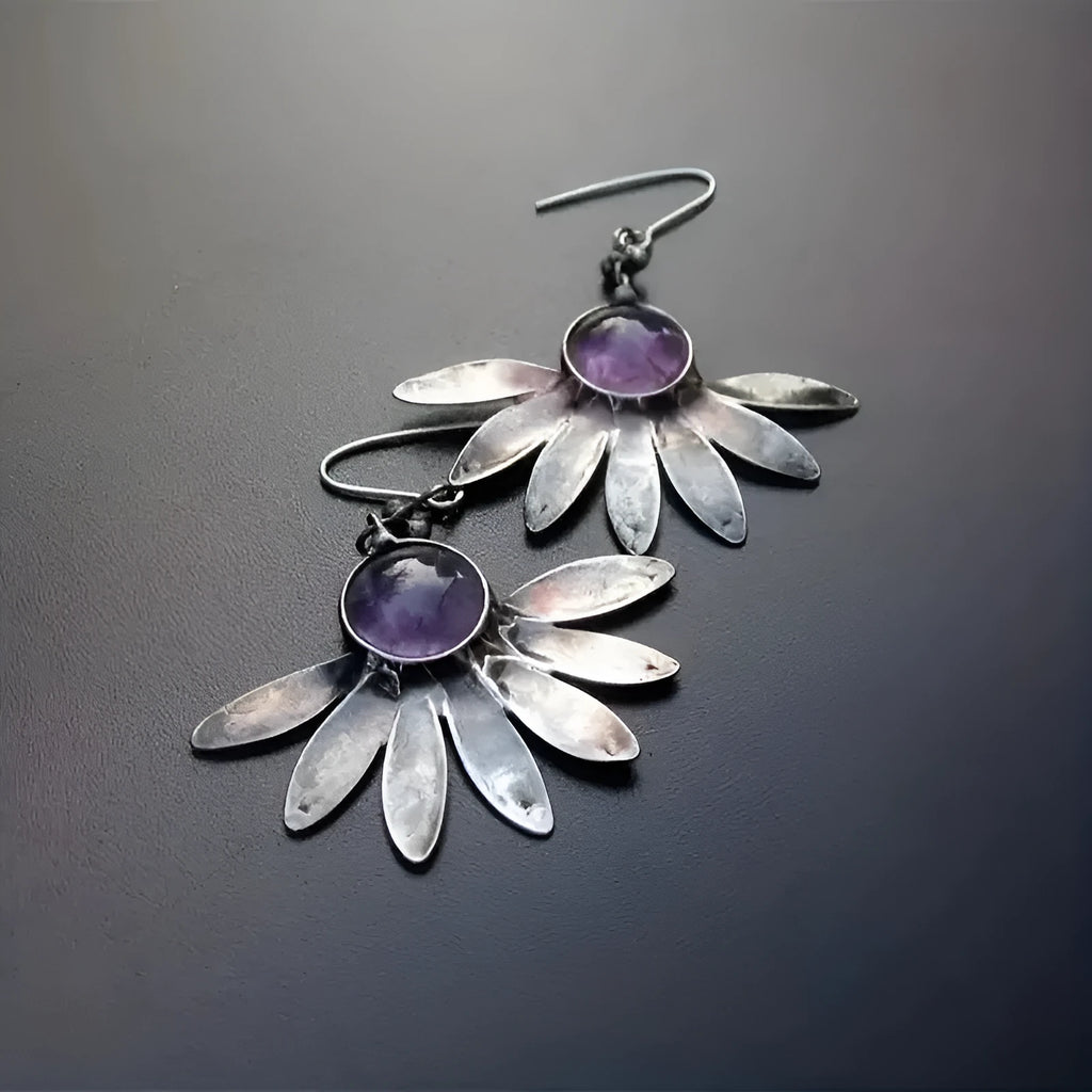 Purple resin Bohemian earrings with floral animal zodiac designs on alloy findings