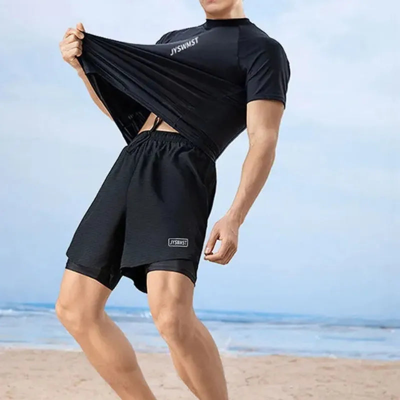 Men's patterned swimsuit set with matching swim trunks in plus sizes