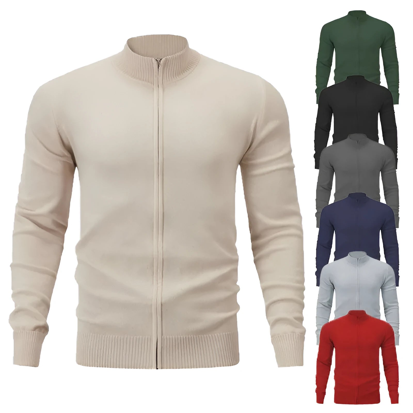 Men's zip-front cotton sweater with stand collar in solid colour options