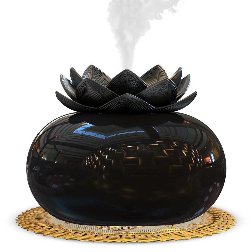 Pure black circular Lotus USB aromatherapy humidifier with ultrasonic ceramic technology