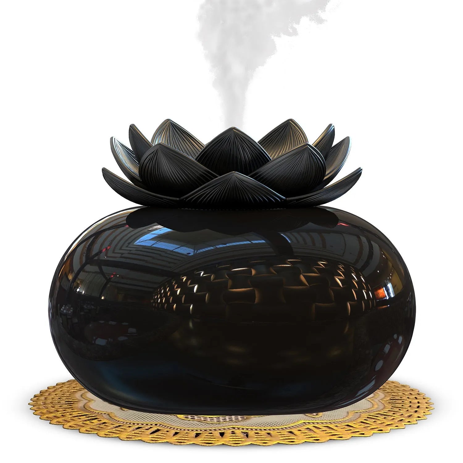 Pure black circular Lotus USB aromatherapy humidifier with ultrasonic ceramic technology
