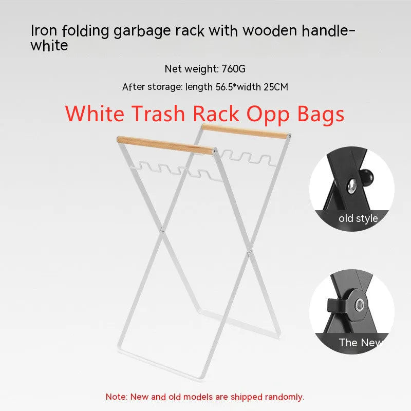 Black outdoor iron trash hanger with wooden handle in a folded position.
