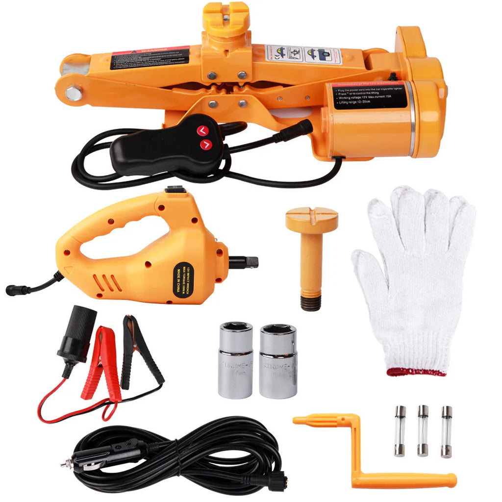 Yellow steel electric car jack set with wrench for roadside tyre changes