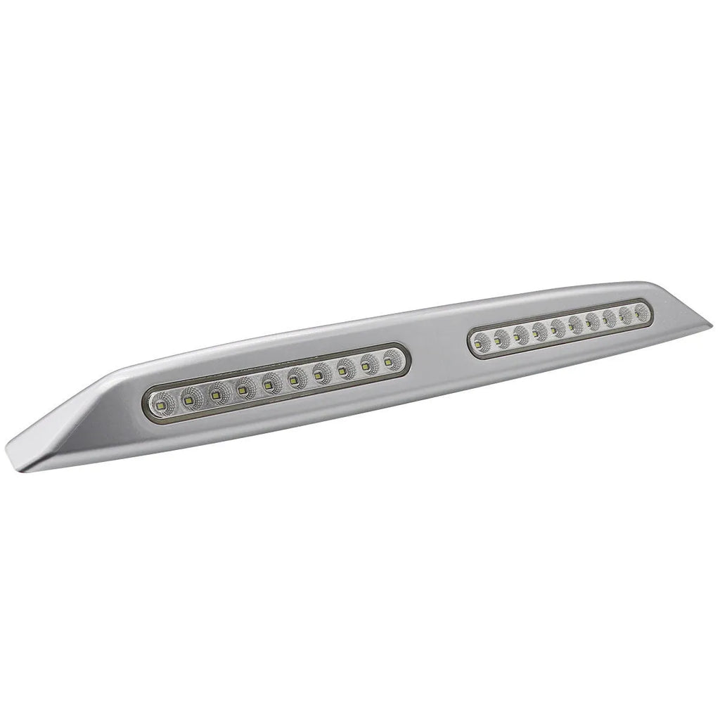 Silver aluminium caravan porch light with white LED mounted on exterior wall