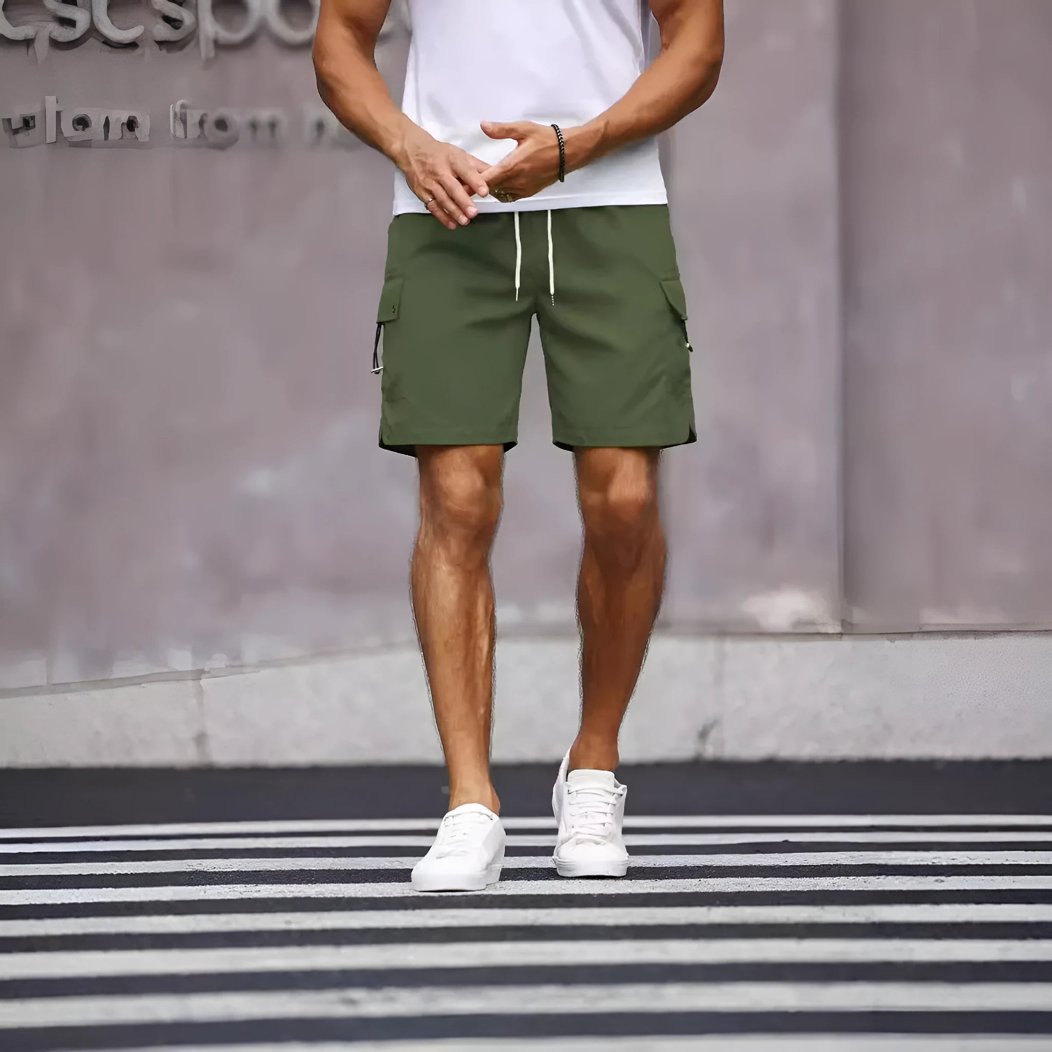 Men's loose fit work shorts in fluorescent green and army green colours with straight cut design