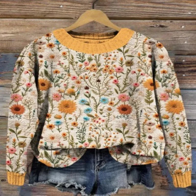 Women's digital printed floral pattern round neck sweater in polyester, shown in one of fourteen available colours.