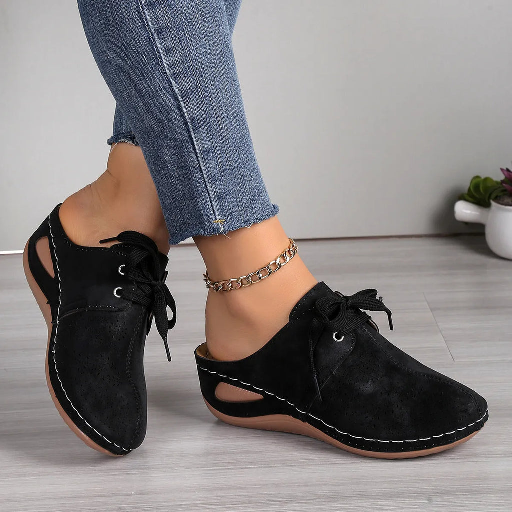 Women's lace-up wedge slippers with hollow out design in multiple colour options