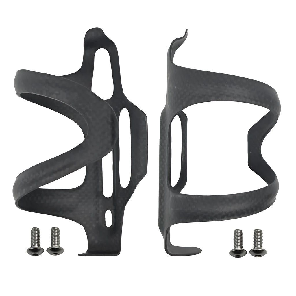 Black carbon fibre side pull bicycle water bottle cage showing mounting holes.