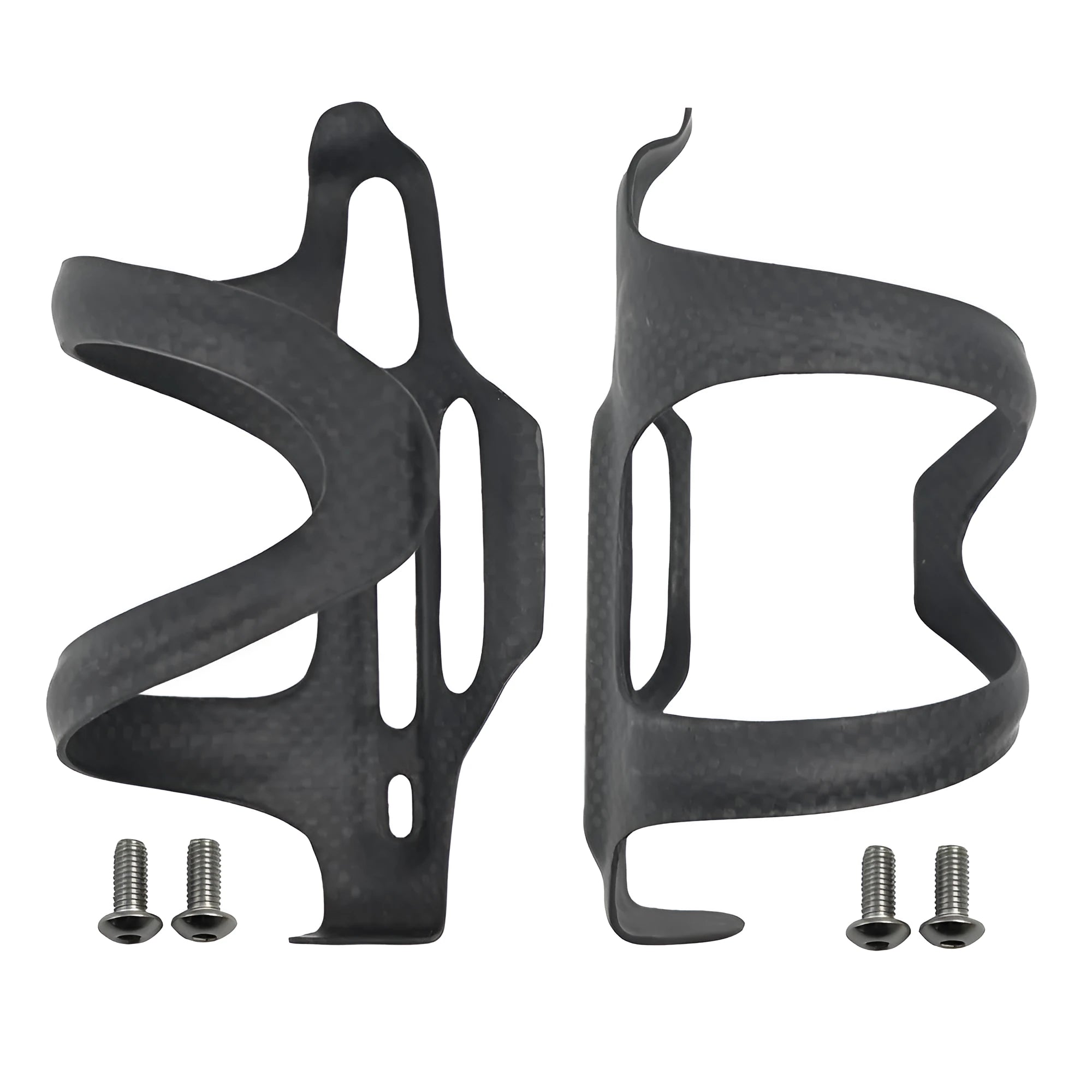 Black carbon fibre side pull bicycle water bottle cage showing mounting holes.