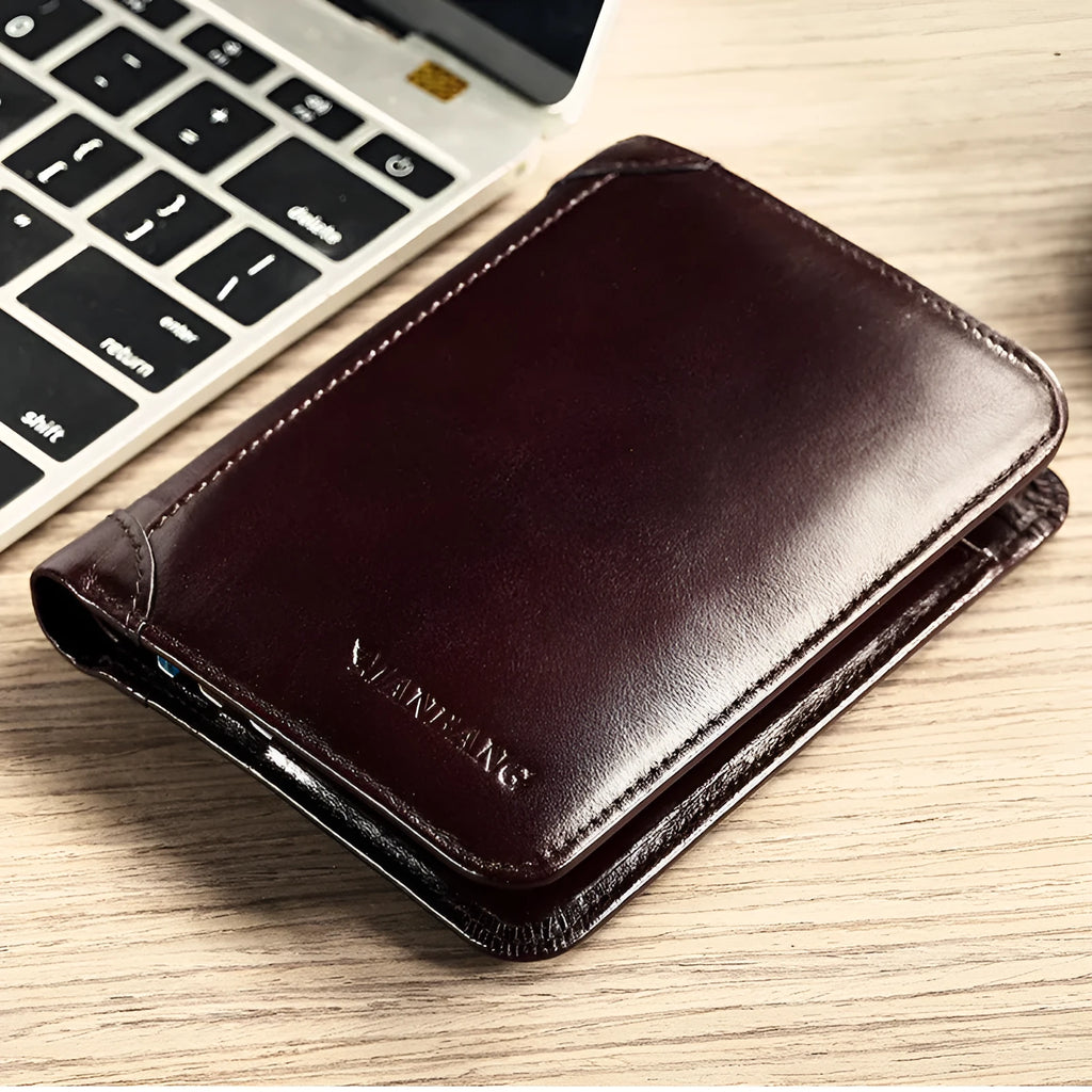 Men's leather wallet showing multiple compartments including card slots and change pocket
