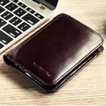Men's leather wallet showing multiple compartments including card slots and change pocket