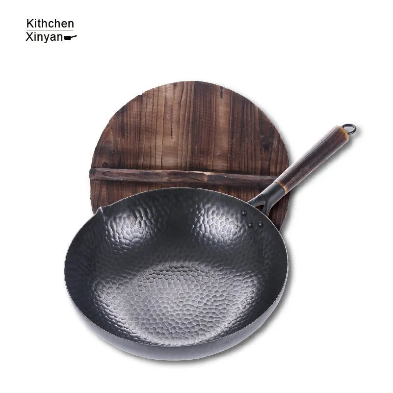 Traditional black iron wok with wooden handle, 40cm diameter