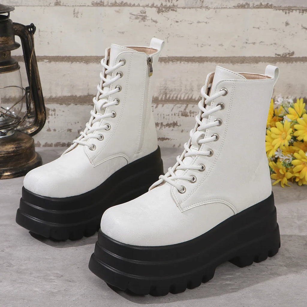 Women's black platform boots with chunky heel and side zipper closure