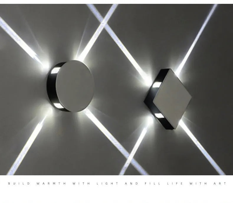 Modern square aluminium and iron LED wall light with warm white glow on a wall