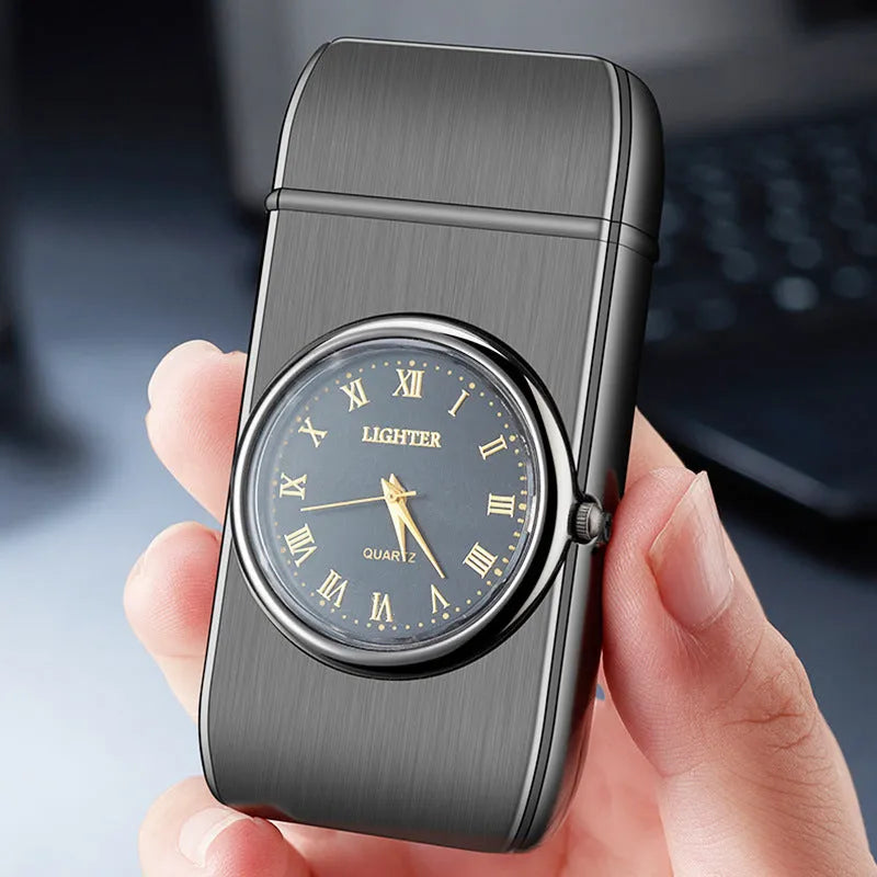 Metal electronic watch cigarette lighter with LED digital display and choice of five brushed or textured finishes.