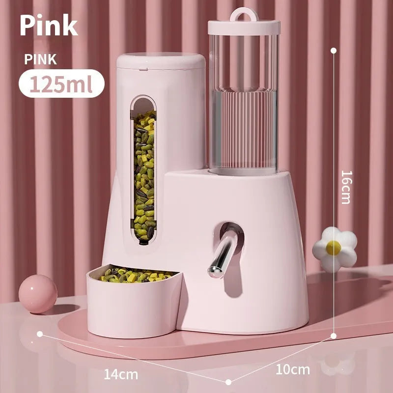 Hamster automatic drinking water feeder with integrated food basin in plastic construction