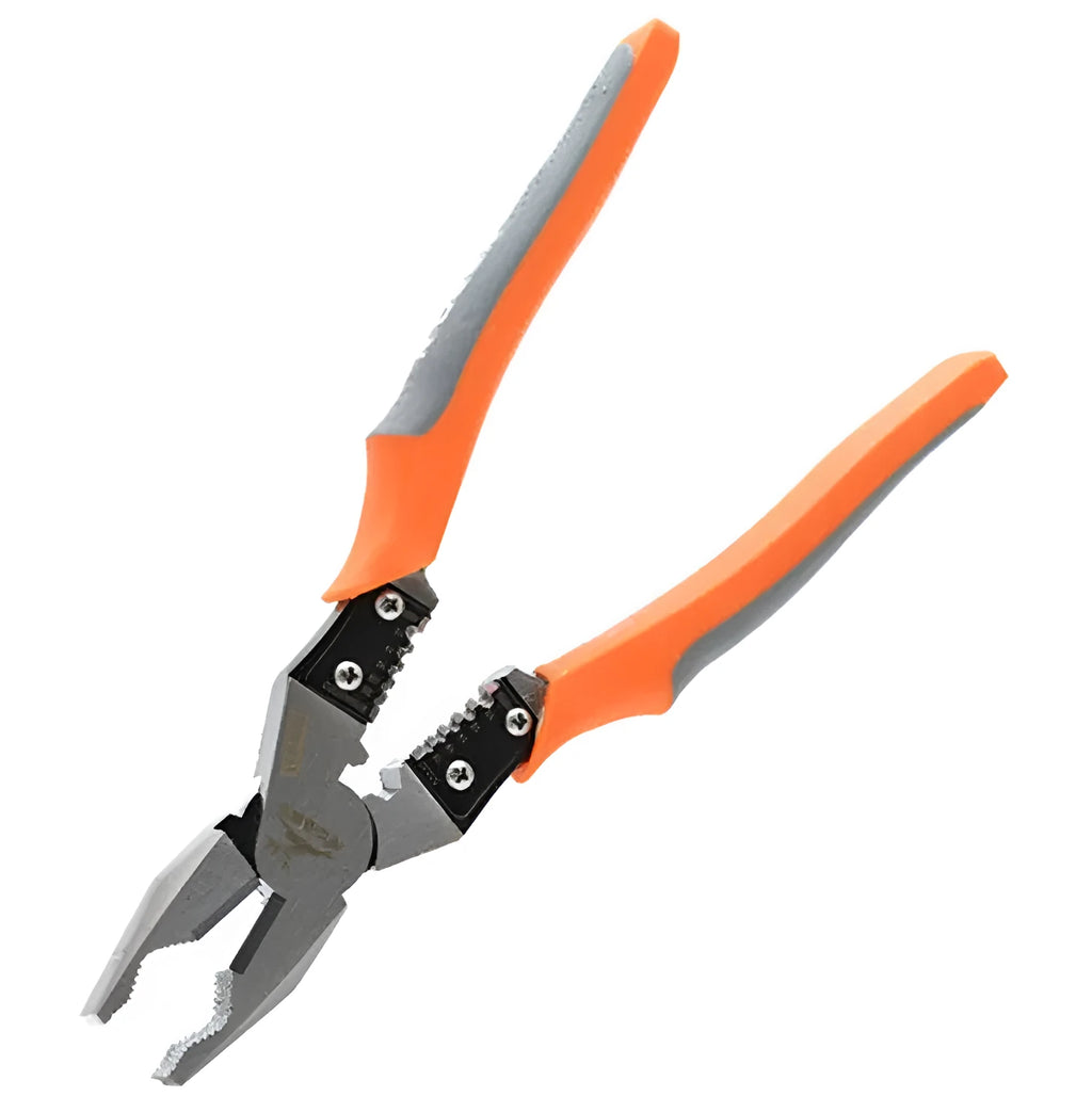 Orange 9-inch multi-function wire cutter pliers with chrome steel head and textured PVC handles.