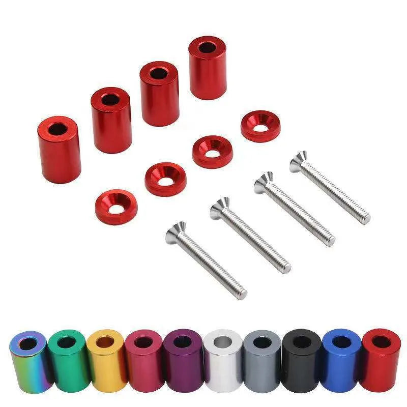 Aluminium alloy machine cover pad height sheet kit with screws, nuts, washers in red, blue, black colours.