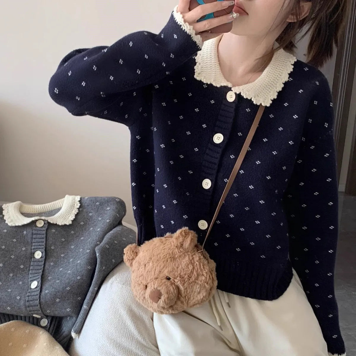 Retro floral pattern Peter Pan collar knitted cardigan coat in navy blue, apricot, or grey.