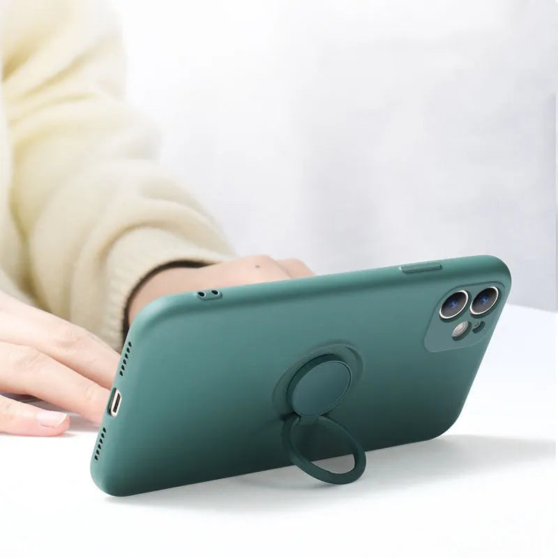Liquid silicone ring bracket case for iPhone 12, black colour, back cover with integrated grip ring