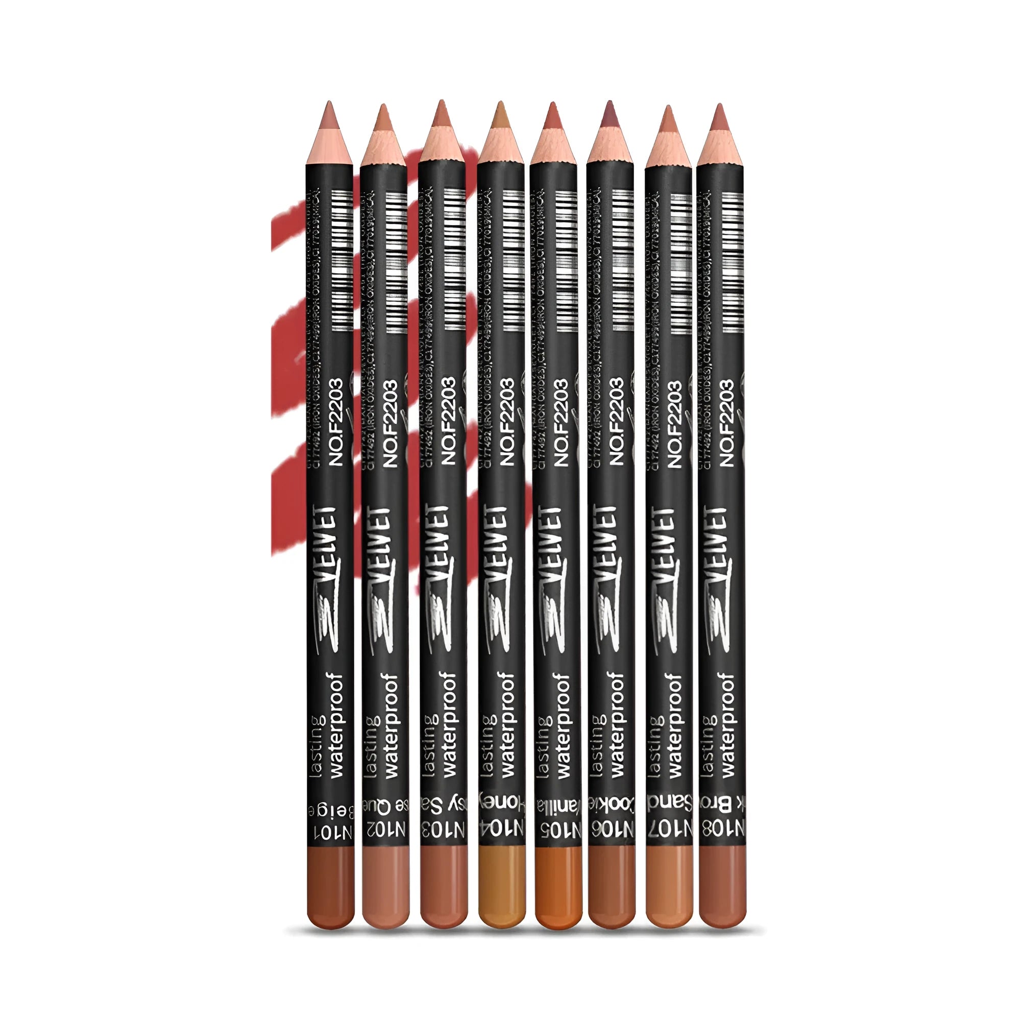 Wood-cased waterproof matte lip liner pencil shown in one of 14 available colour shades.