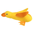 Yellow plush duck dog toy with squeaker and treat dispensing holes for training and chewing.