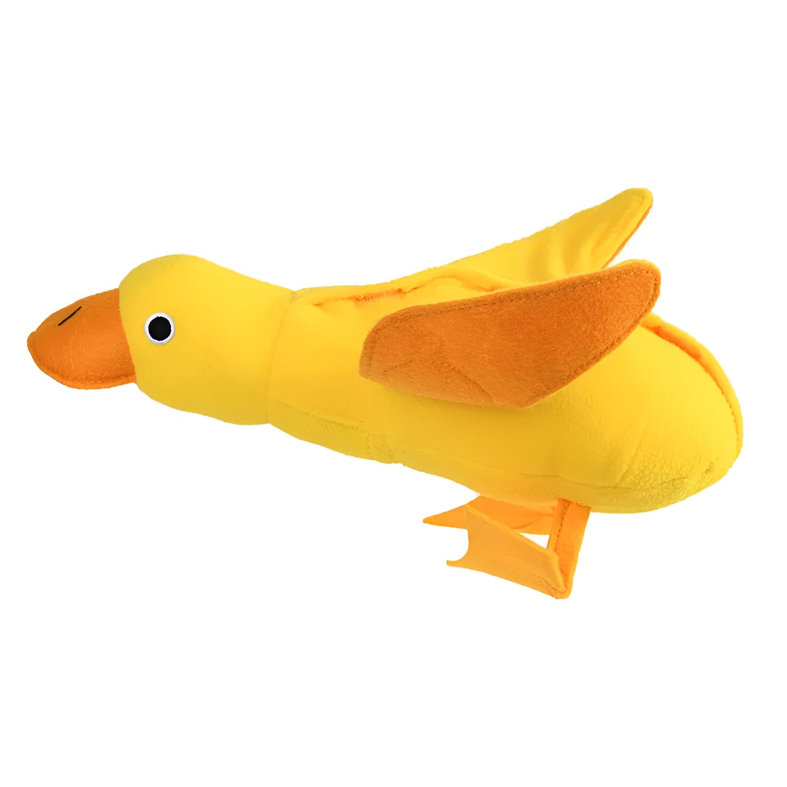 Yellow plush duck dog toy with squeaker and treat dispensing holes for training and chewing.