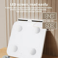 White smart body fat scale with eight electrodes and tempered glass platform measuring 30x30cm