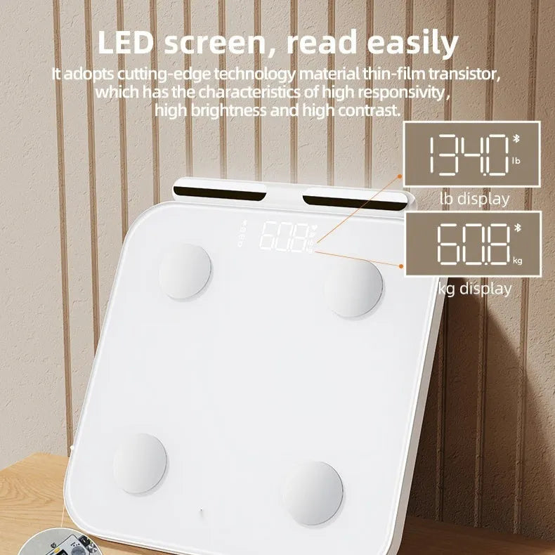White smart body fat scale with eight electrodes and tempered glass platform measuring 30x30cm