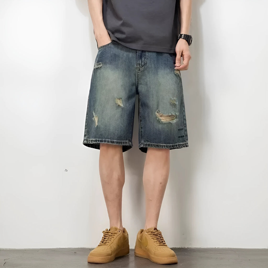 Blue retro loose hole denim men's shorts with straight-leg cut, micro-elastic fabric, in size L