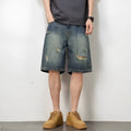 Blue retro loose hole denim men's shorts with straight-leg cut, micro-elastic fabric, in size L