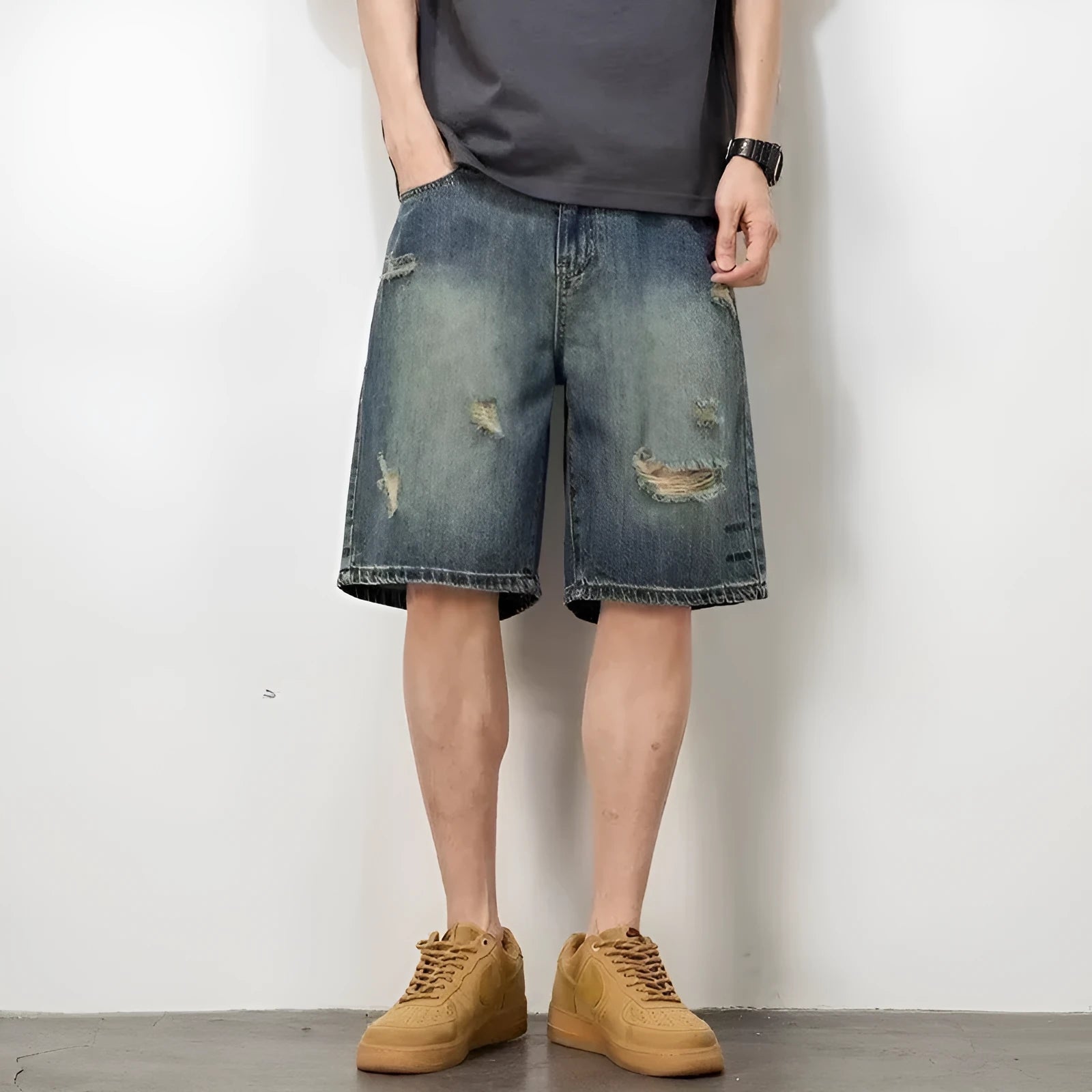 Blue retro loose hole denim men's shorts with straight-leg cut, micro-elastic fabric, in size L