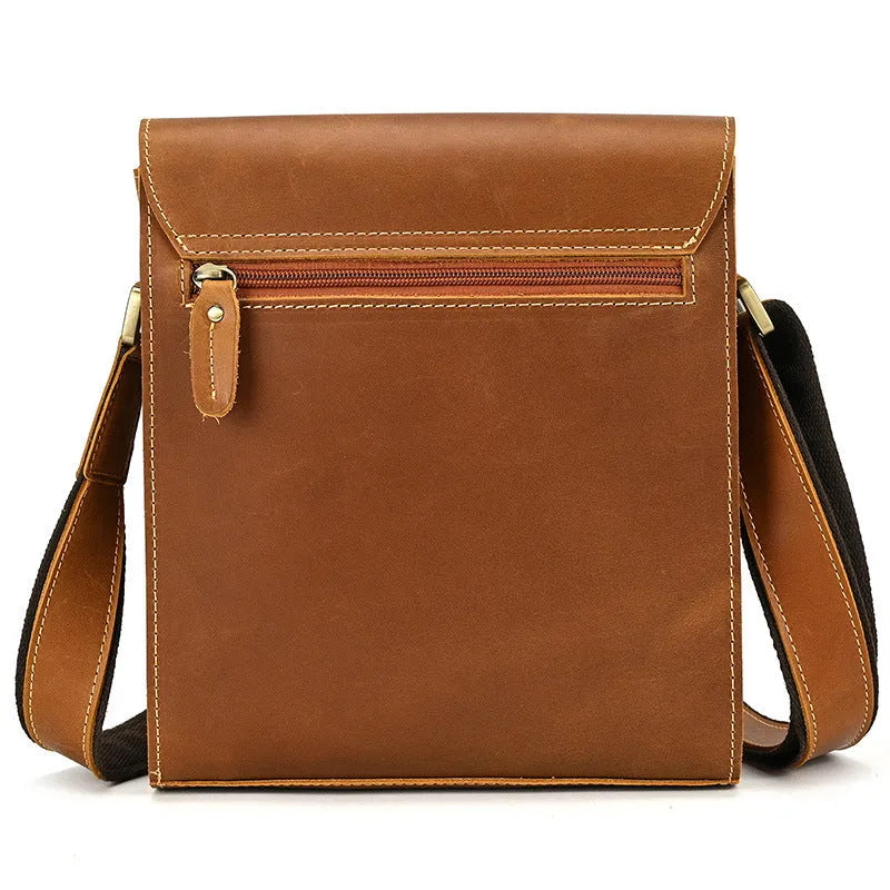 Men's first layer cowhide leather shoulder bag solid colour retro sewing line crossbody bag dark brown