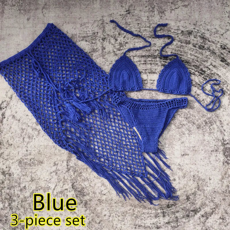 Women's 3-piece handmade crochet bikini beach skirt swimsuit set in solid colours