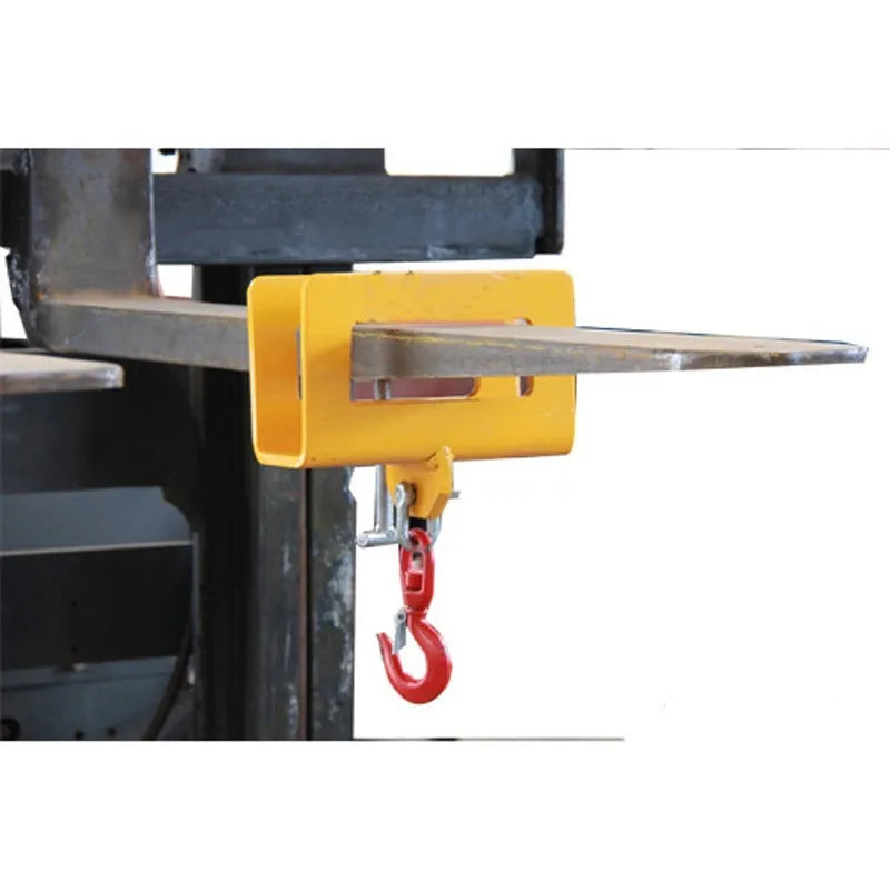 Rotatable iron forklift hook with safety locking device for converting a forklift to a mobile crane.