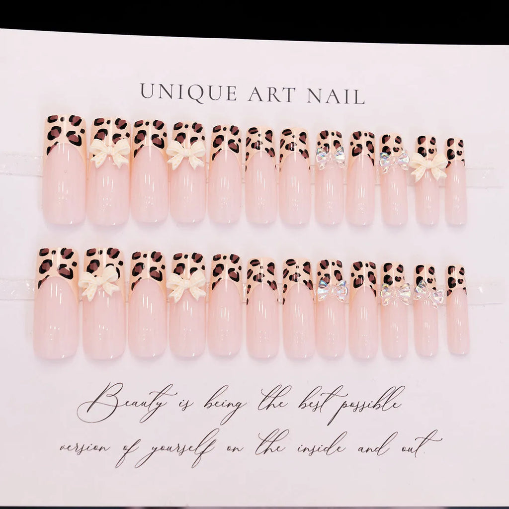 Leopard print butterfly design false nail set in WM296 colour, plastic manicure pieces
