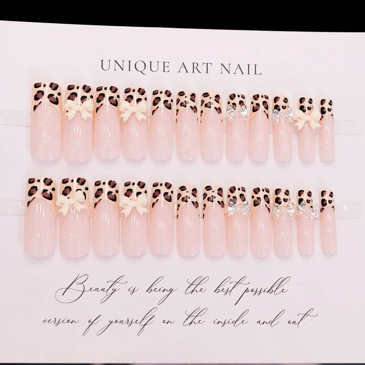 Leopard print butterfly design false nail set in WM296 colour, plastic manicure pieces