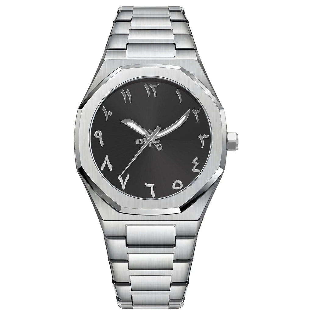 Men's silver black business watch with stainless steel belt and quartz dial.