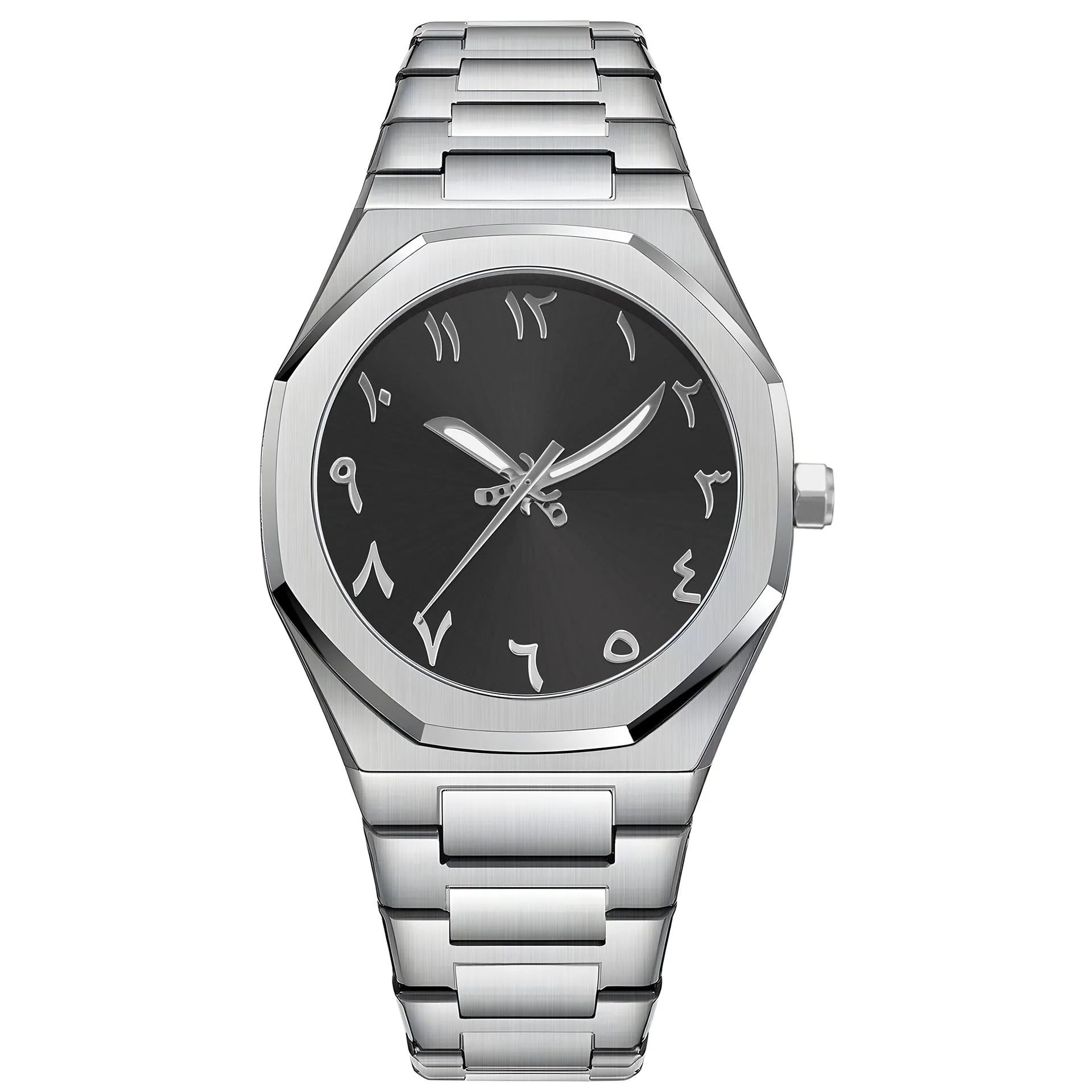 Men's silver black business watch with stainless steel belt and quartz dial.