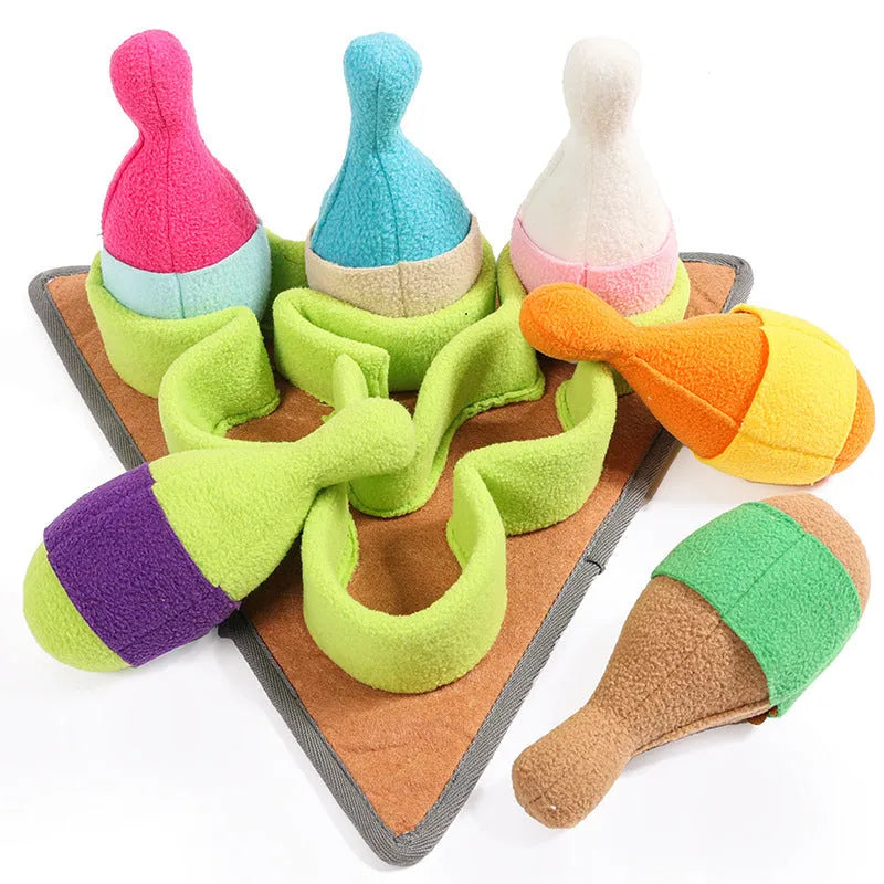 Pet puzzle play bowling toy set in polar fleece with sounding feature, 34.5x34.5cm