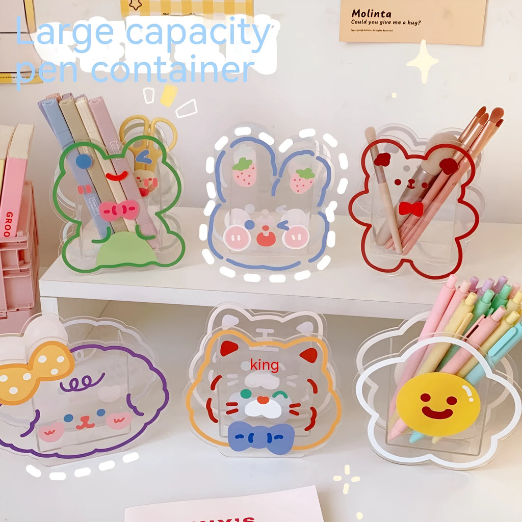 Square clear acrylic storage box with cute character print, showing six design options for desk organisation