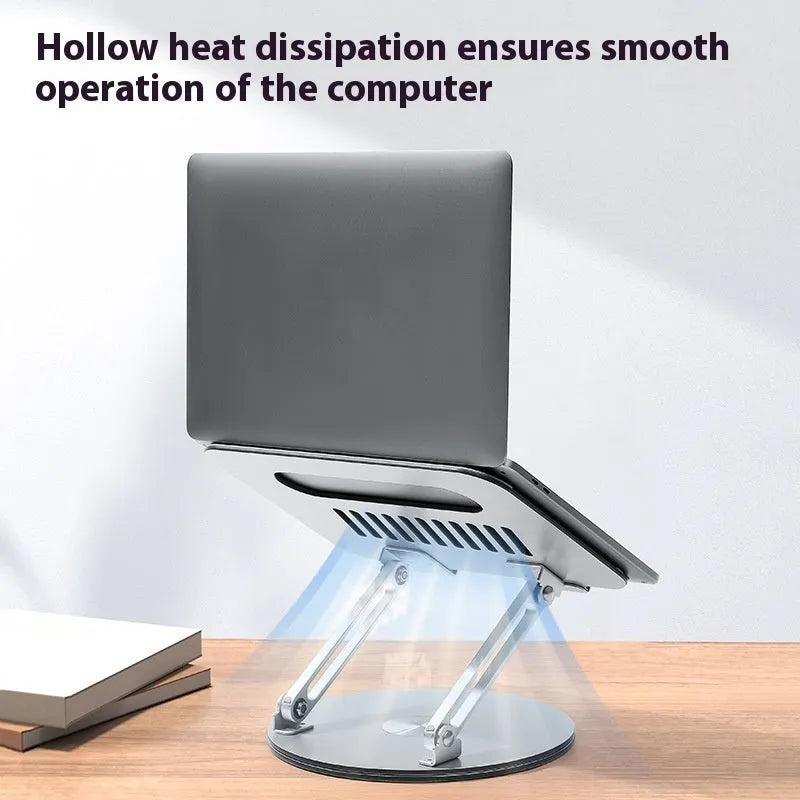 Silver aluminium laptop stand with height adjustment and rotation capability